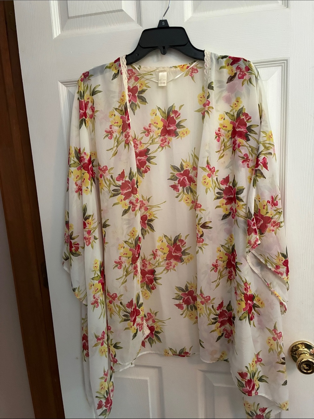Floral Open-Front Cardigan Kimono - White with Pink & Yellow Flowers